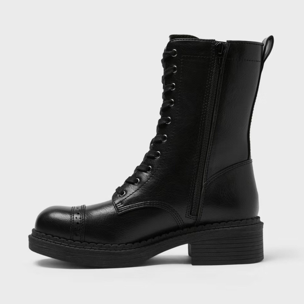 Black Combat Lace Up Boots Wild Fable Helga Ankle Block Heel Size 8